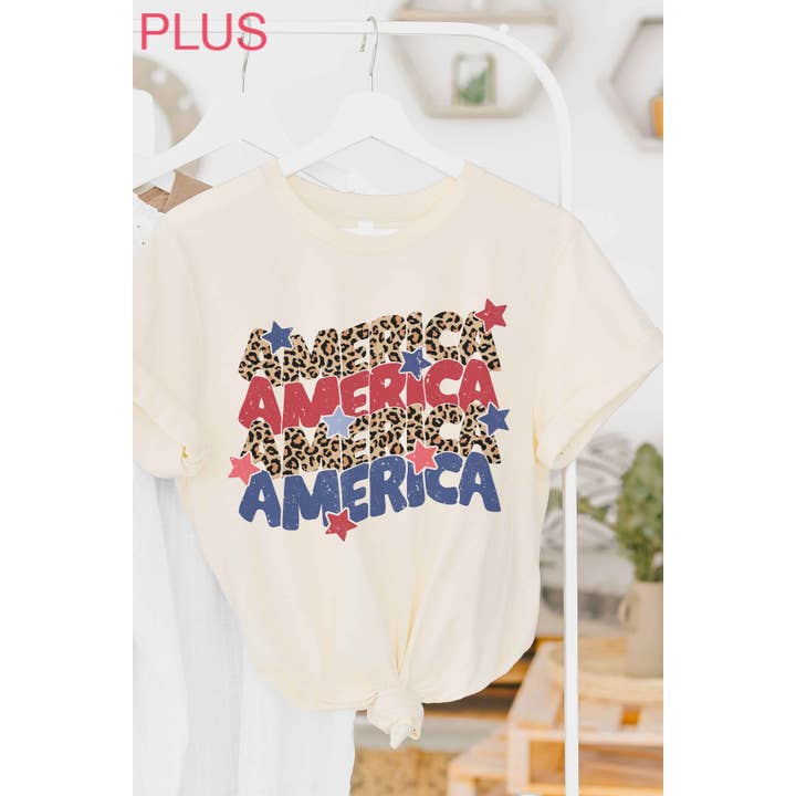 BLUME & CO. - Wholesale T-Shirt (Graphic) - Women's - LEOPARD AMERICA REPEAT Plus Size Graphic Tee