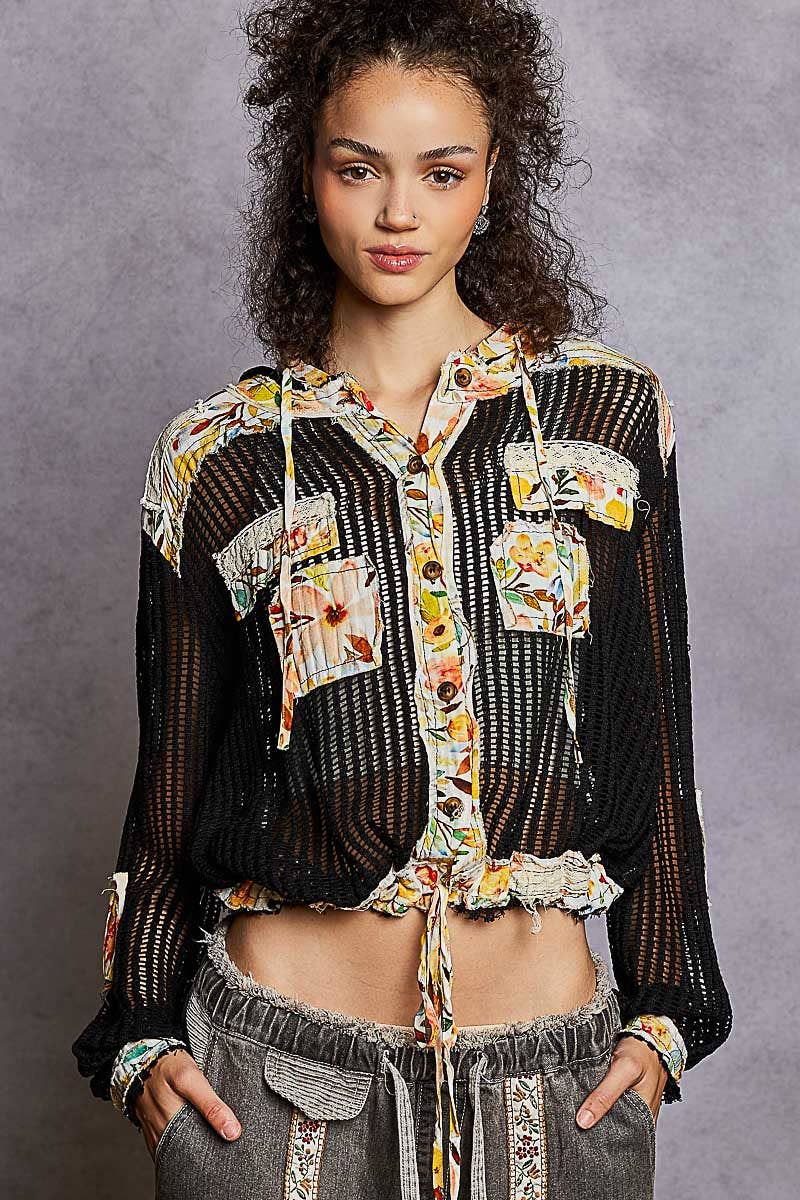 Pol Clothing - Wholesale Jacket - Women's - Vintage washed floral print patch crochet jacket SALE13