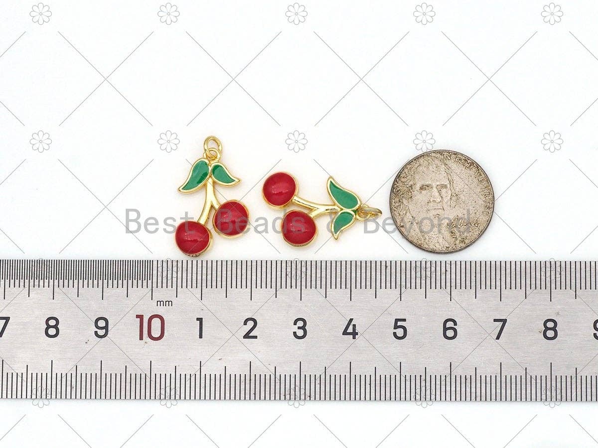 BestBeads&Beyond - Wholesale Individual Charm/Pendant - Enamel Red Cherry Shape with Green Leaf Pendant, 18K Gold Fi1