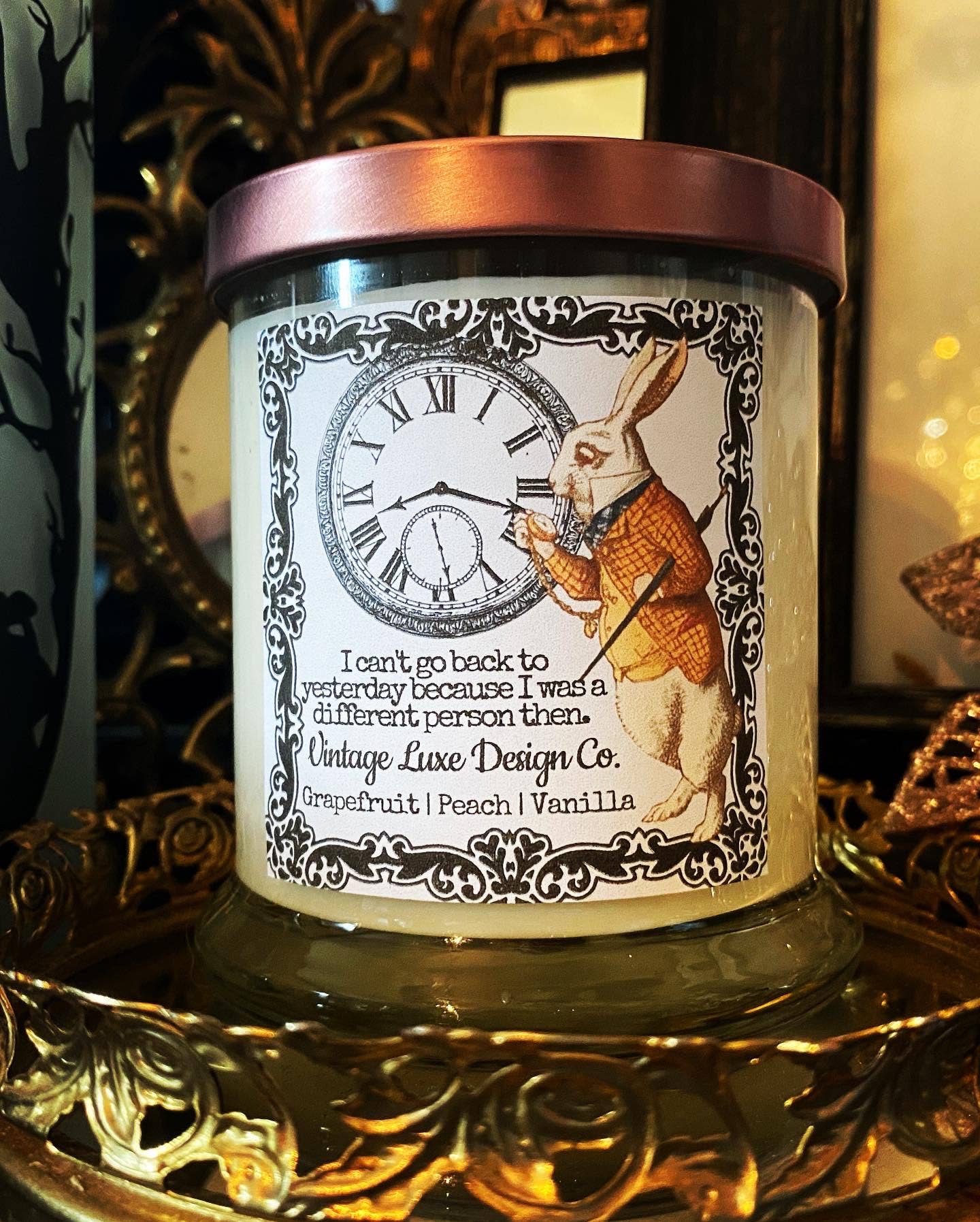 Alice Wonderland 10 Oz. Soy Wax Candle Whimsy White Rabbit for wholesale by Vintage Luxe Design Co.