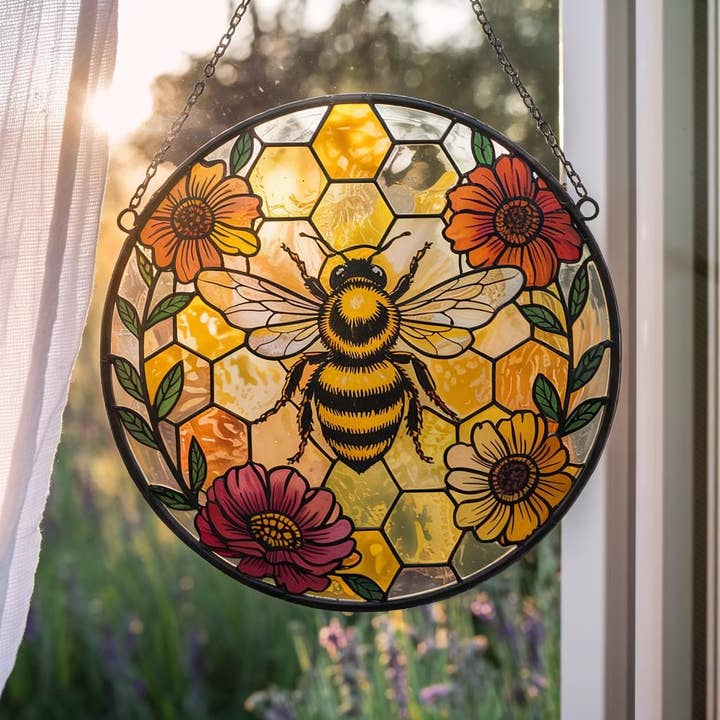 NVC Ecommerce LLC - Wholesale Suncatcher - Honey Bee Stained Glass Suncatcher, Floral Window Hanging 1