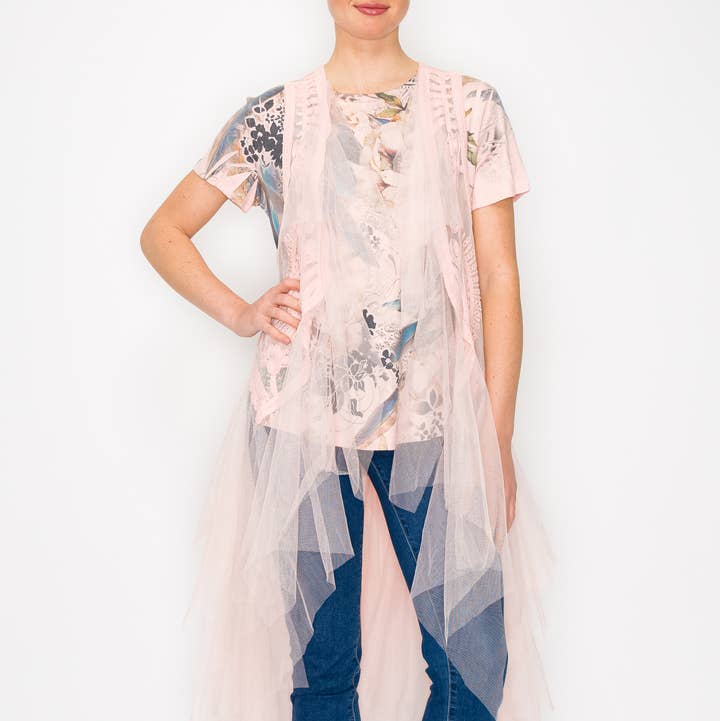 Origami Apparel ~ Lace and Crochet inspired - Wholesale Outerwear Vest - Women's - Embroidered Tulle Mesh Duster Vest- T4066PINK