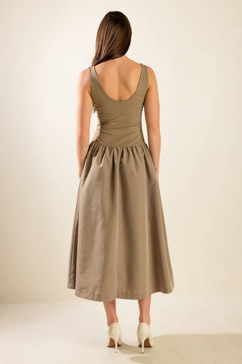 A solid knit/woven combination midi dress - FD1147 TAUPE for wholesale on Faire6