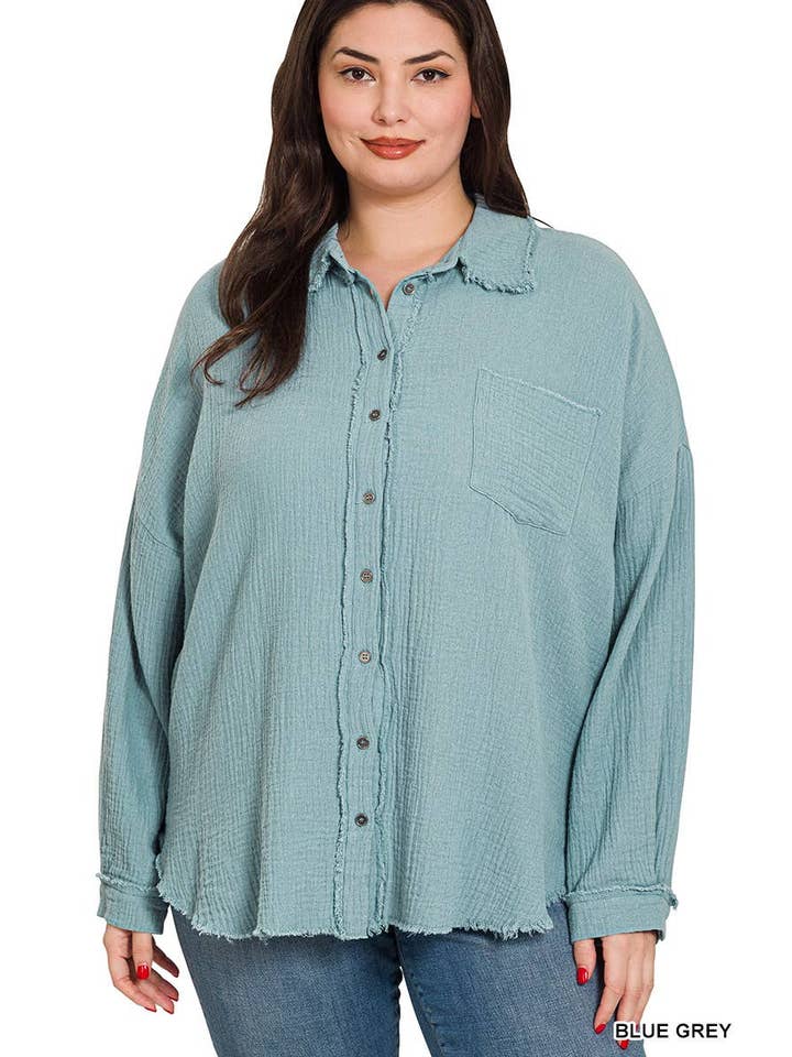 Vanilla Monkey - Wholesale Shirt - Women's - Plus Double Gauze Oversized Raw Edge Shirt