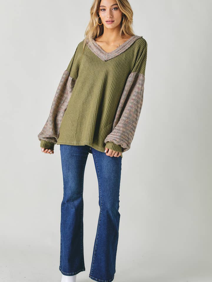 Davi & Dani - Wholesale Tunic - Women's - PLUS COLOR BLOCK V NECK LONG SLEEVE TOP12