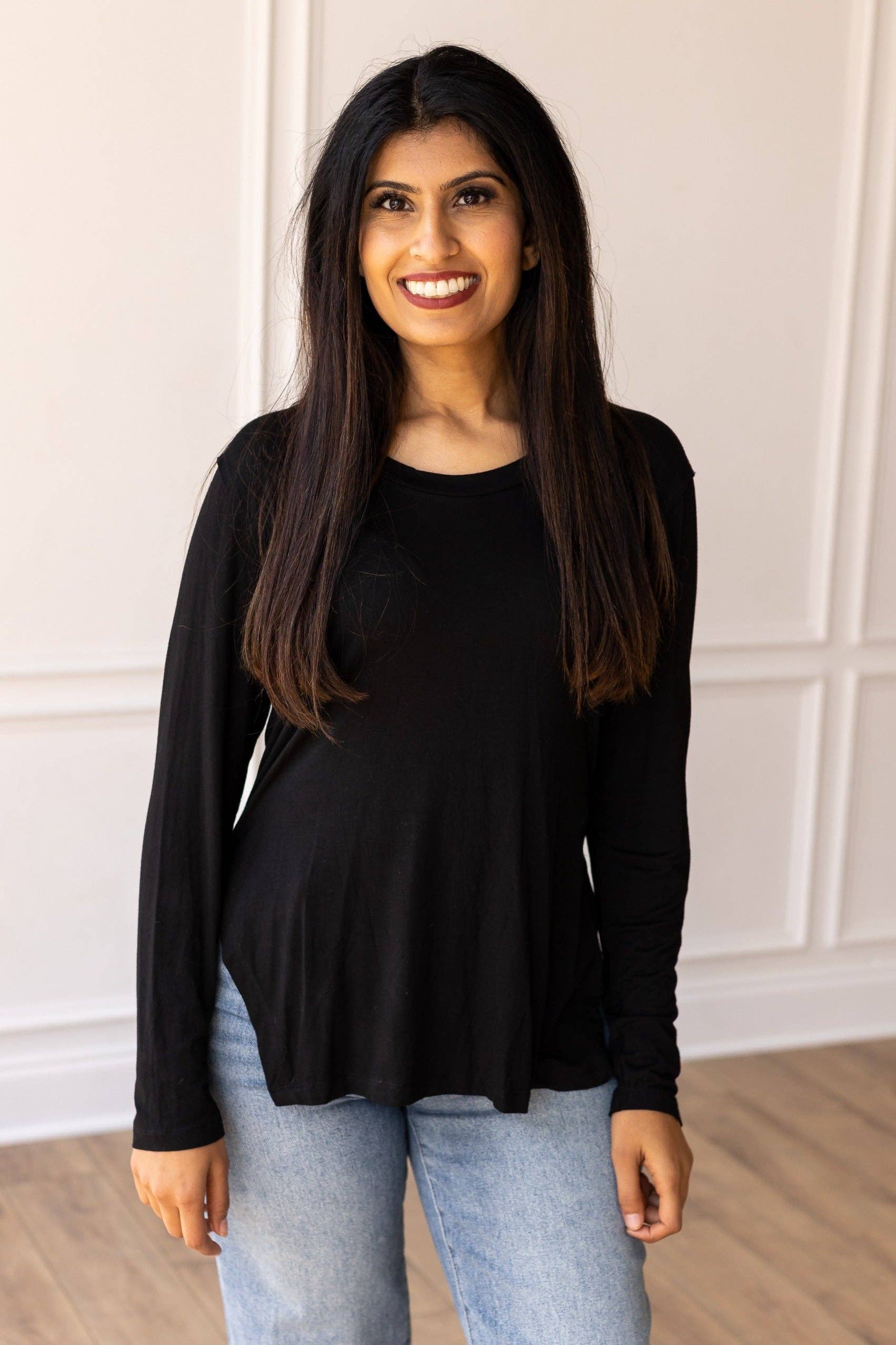 Not Your Basic Black Long-sleeved Side Split Top for wholesale on Faire