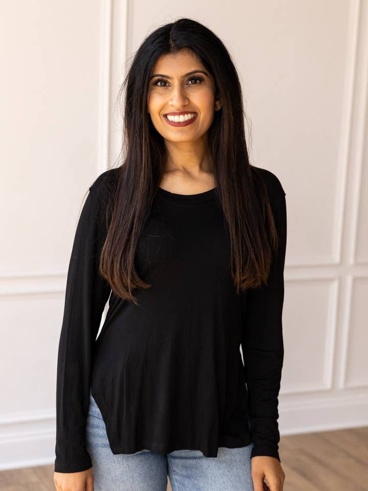 Not Your Basic Black Long-sleeved Side Split Top for wholesale on Faire0