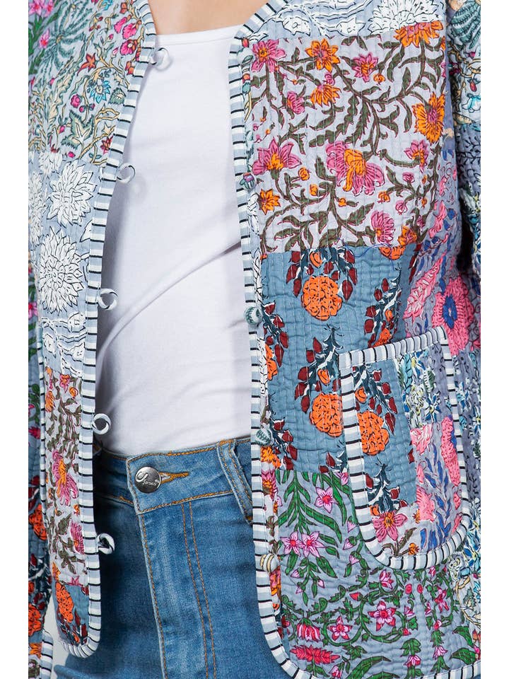 LA Soul - Wholesale Jacket - Women's - Floral Print Quilted Patch Cotton Jacket - Grey 2