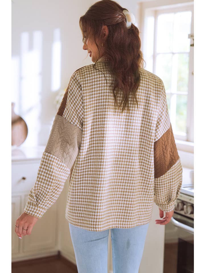 1 the Woman - Wholesale Shirt Jacket/Shacket - Women's - Houndstooth Color Contrast Textured Patchwork Loose Shacket2