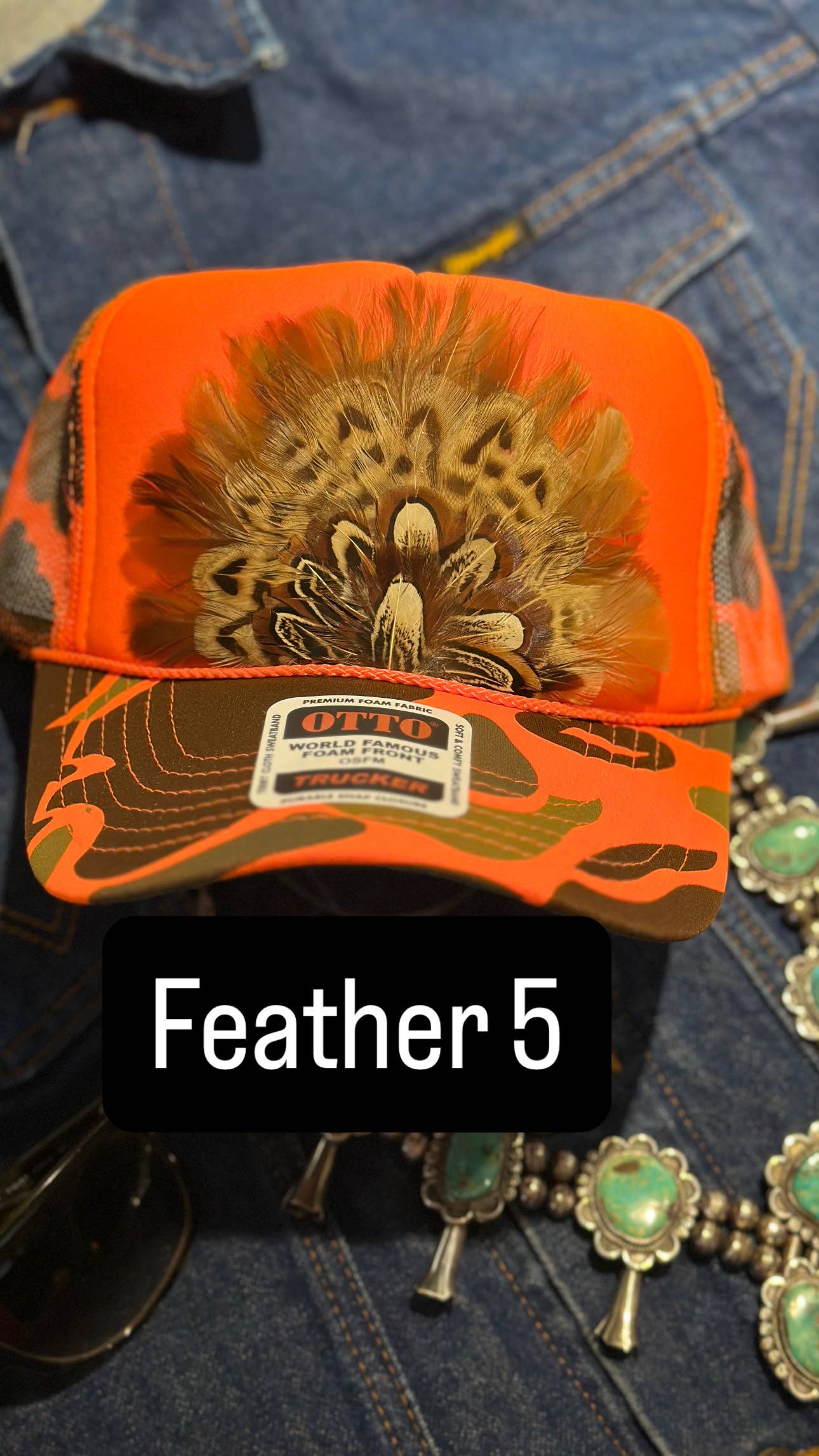 High Ho Silversmithing - Wholesale Trucker Hat - Women's - ORANGE CAMO CAMOUFLAGE FEATHER TRUCKER HAT4