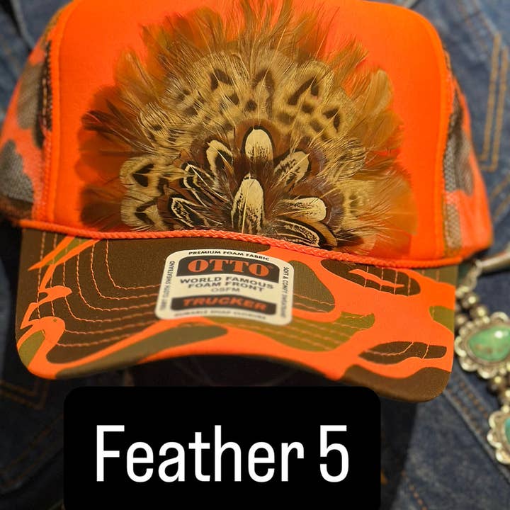 High Ho Silversmithing - Wholesale Trucker Hat - Women's - ORANGE CAMO CAMOUFLAGE FEATHER TRUCKER HAT4
