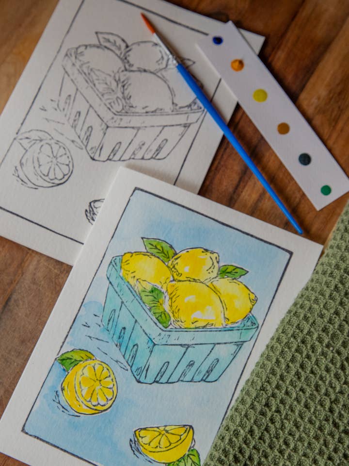 Kit de cartes d'art aquarelle DIY panier de citrons 5x7 pour la vente par Ashes & Arbor