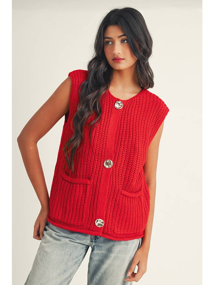 Little Daisy Closet - Wholesale Outerwear Vest - Women's - LDC Solid Textured Knit Side Pockets Buttoned Sweater Vest