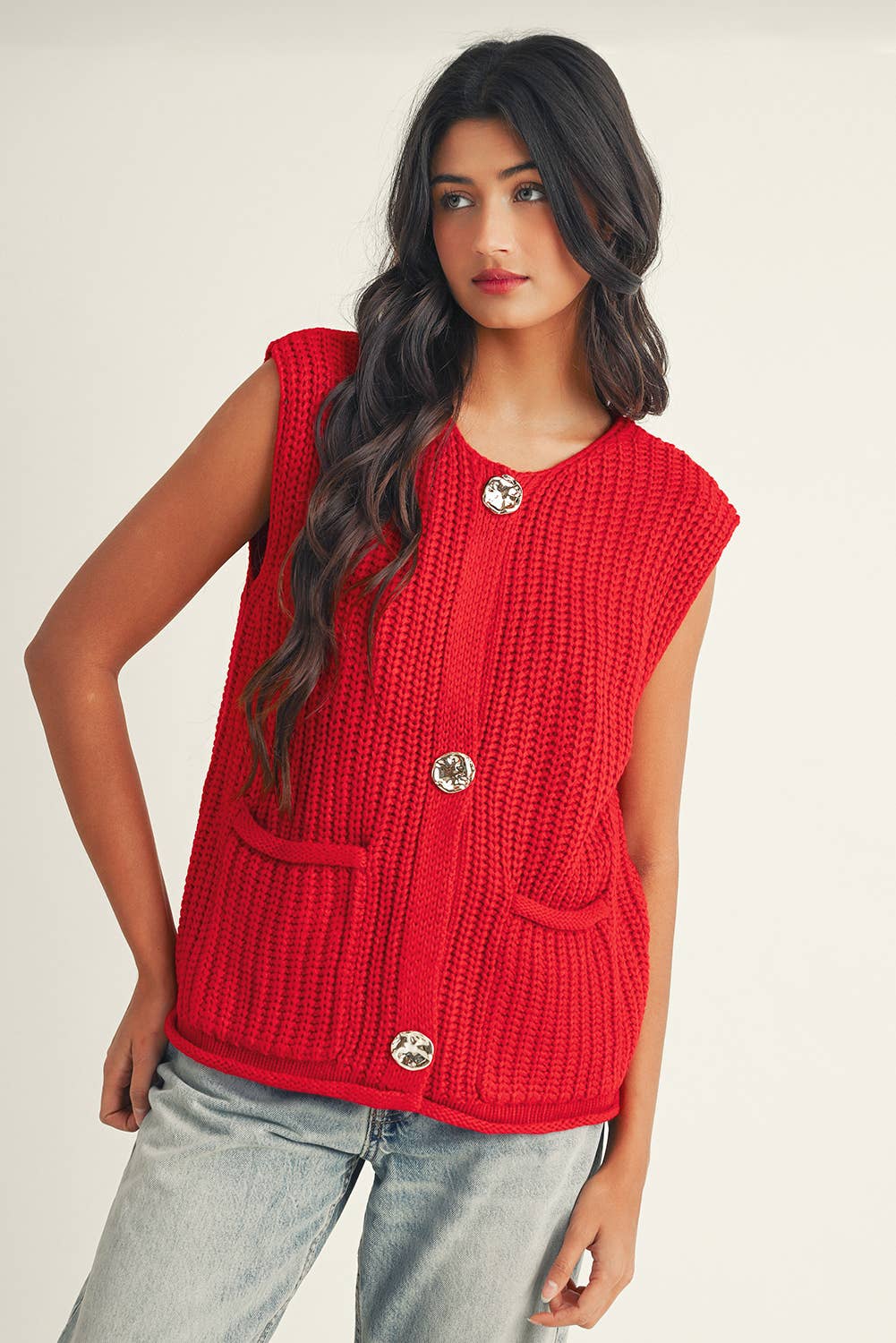 Little Daisy Closet - Wholesale Outerwear Vest - Women's - LDC Solid Textured Knit Side Pockets Buttoned Sweater Vest