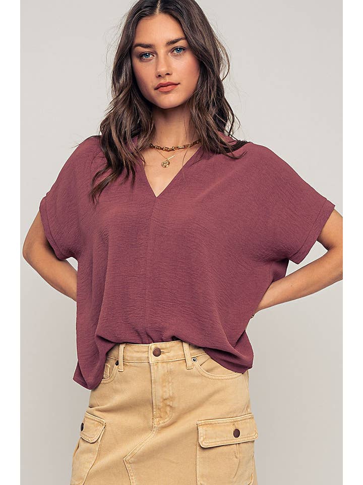 Urban Daizy - Wholesale Blouse - Women's - Relaxed V-Neck Top with Folded Sleeves