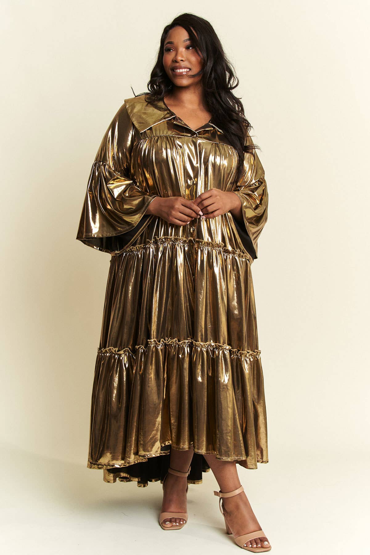 Namatt Design - Vente Robe – femme - Robe évasée plissée métallisée à plusieurs niveaux à manches évasées11