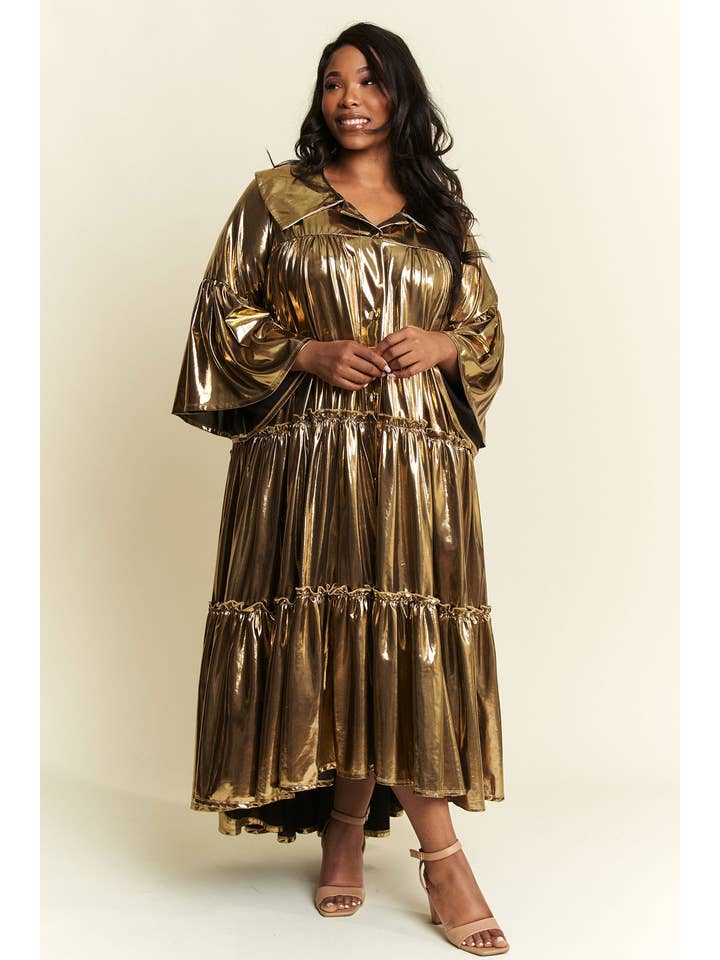 Namatt Design - Vente Robe – femme - Robe évasée plissée métallisée à plusieurs niveaux à manches évasées11