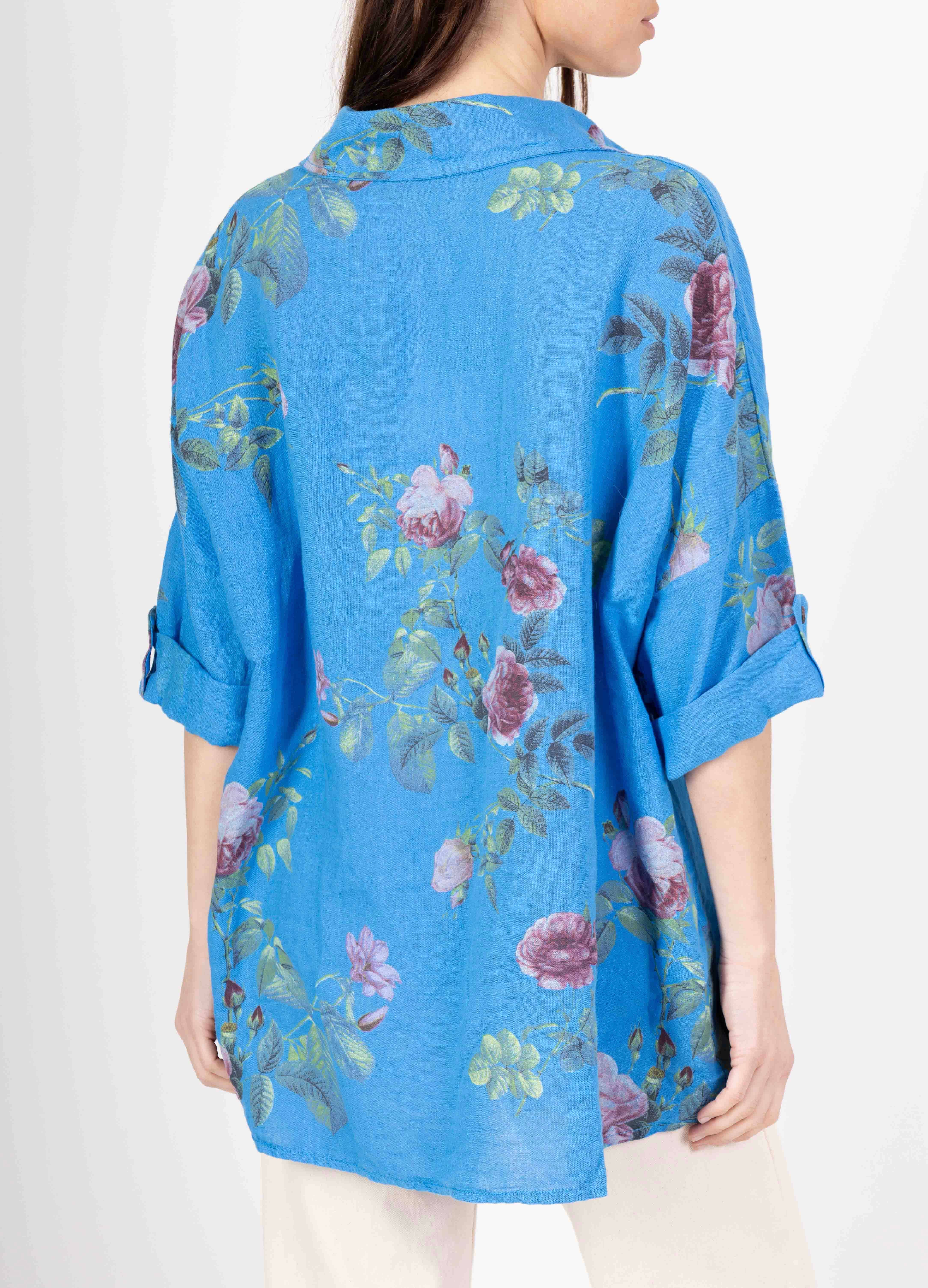 LINEN & COTTON HOUSE – Engroshandel Skjorte med buttondown – til kvinder – Tunika i 100% hør med blomsterprint 523510