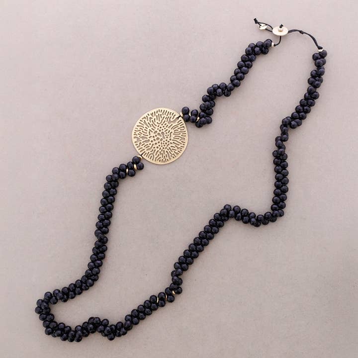 Long Necklace Resin Beads Filigree Metal Medal for wholesale by Sonata