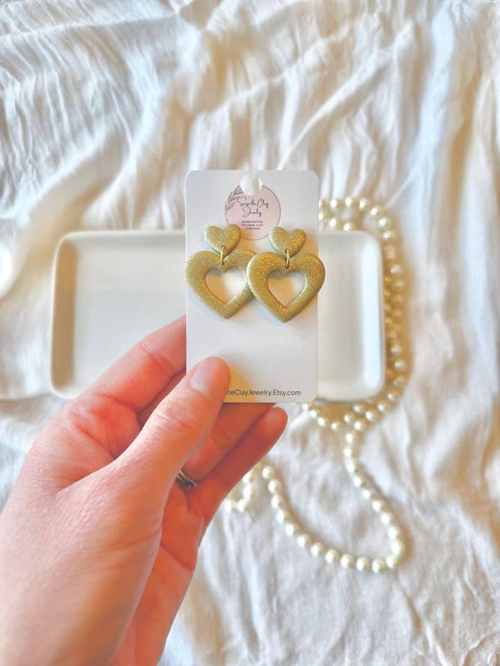 Glitter Heart Earrings, Gold Heart Earrings, Heart Clay Earrings, Heart Earrings, Valentine's Day Earrings, Valentine's Earrings for wholesale by SeizeTheClayJewelry