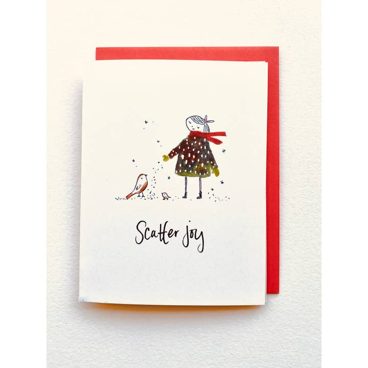 Sweet Julie Marie - Wholesale Christmas Card - Scatter Joy Girl Feeding Birds Blank Notecard