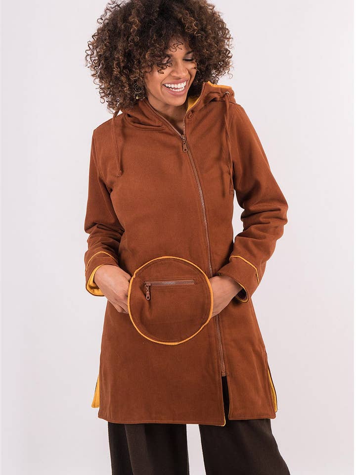 Casaco laranja longo com capuz e bolso com zíper por atacado de BohoClandestino