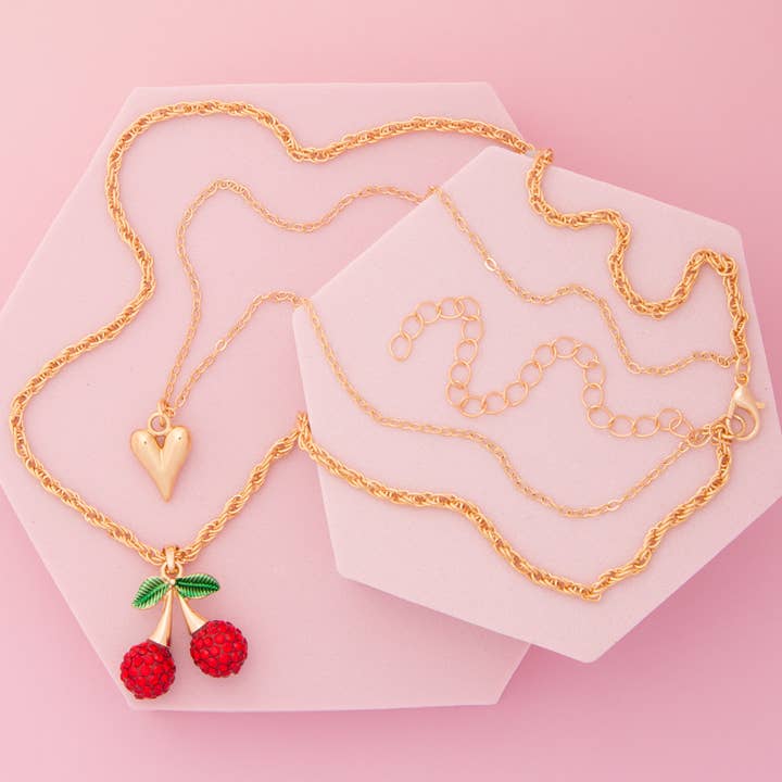 Two-Strand Rhinestone Pave Cherry & Puff Heart Pendant for wholesale by SP Sophia Collection