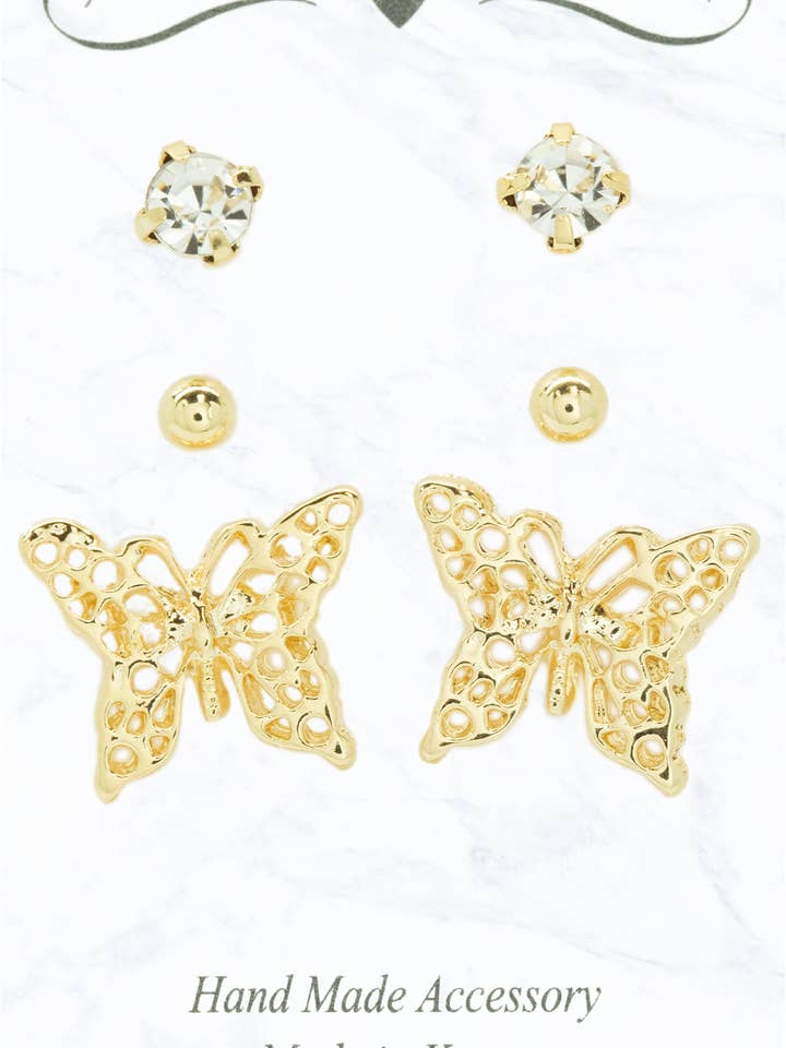 Set di 3 orecchini a perno con farfalla. per la vendita all'ingrosso da parte di Suzie Q USA