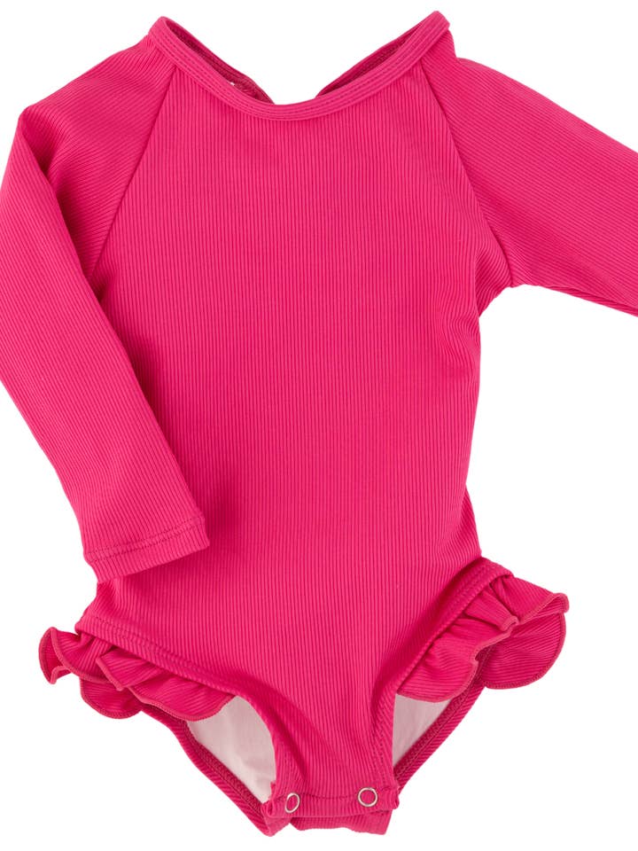 "Brights" Ribbed Hot Pink Ruffle Rashguard Suit for wholesale by Current Tyed Clothing