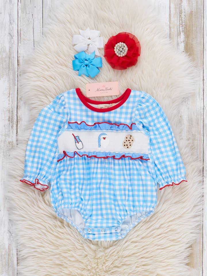Santa's Snacking Smocked Ruffle Bubble for wholesale by Marie Nicole Clothing