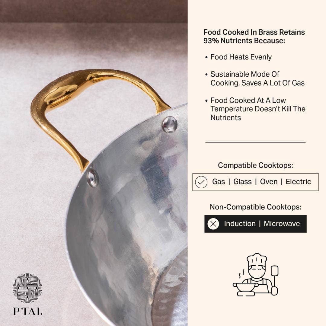 P-TAL - Wholesale Kookpot - Messing platte bodem wok met glazen deksel - Kadhai (Diepe & platte bodem kook-/serveergerei - karahi)5