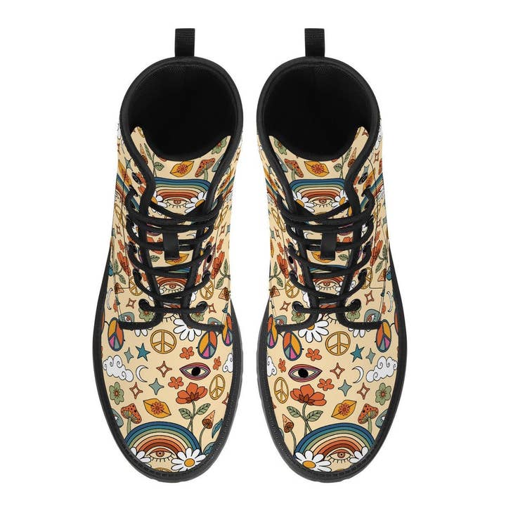 Raiana's Vibes - Wholesale Combat/Military Boots - Men's - Peace and Love Vegan Leather Boots, Witchy Boots, Handcrafted Boots, Ankle Boots, Combat Boots, Mens Boots, Hippie Boots, Trippy Hippie