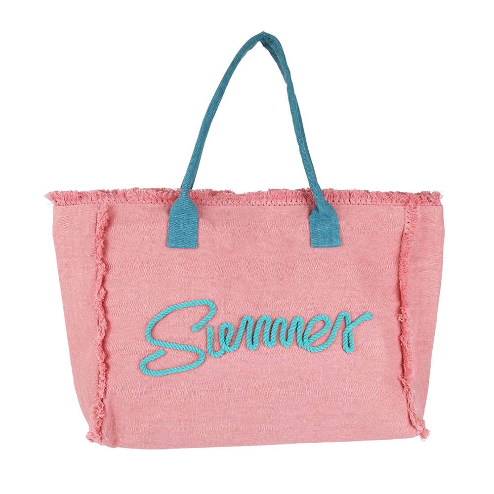 Sensibling Corp. - Venta al por mayor Bolsa de asa- Mujer - Bolso de playa de lona con flecos y mensaje bordado SUMMER10