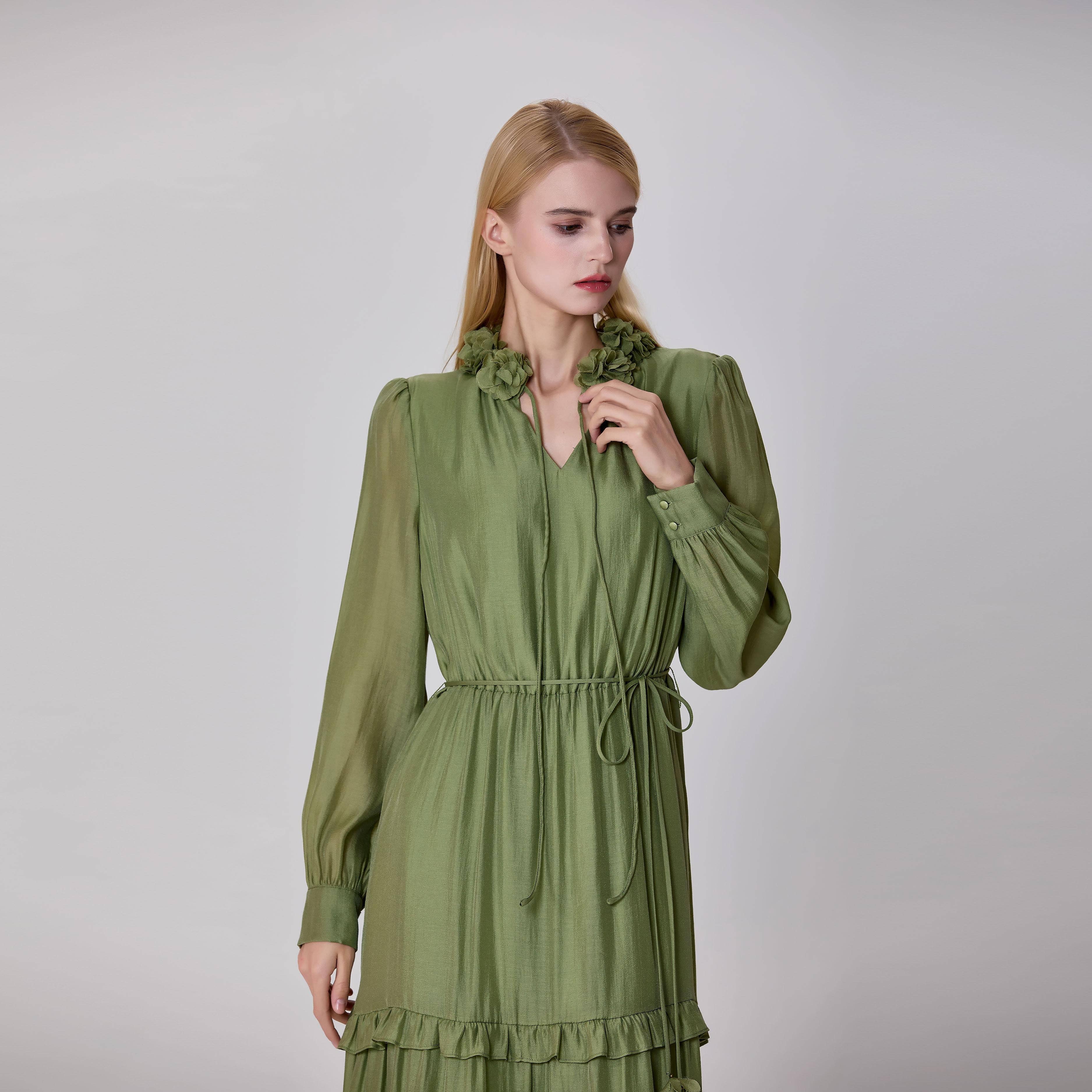 Green Ruffled shirt dress with layered inserts for wholesale on Faire4