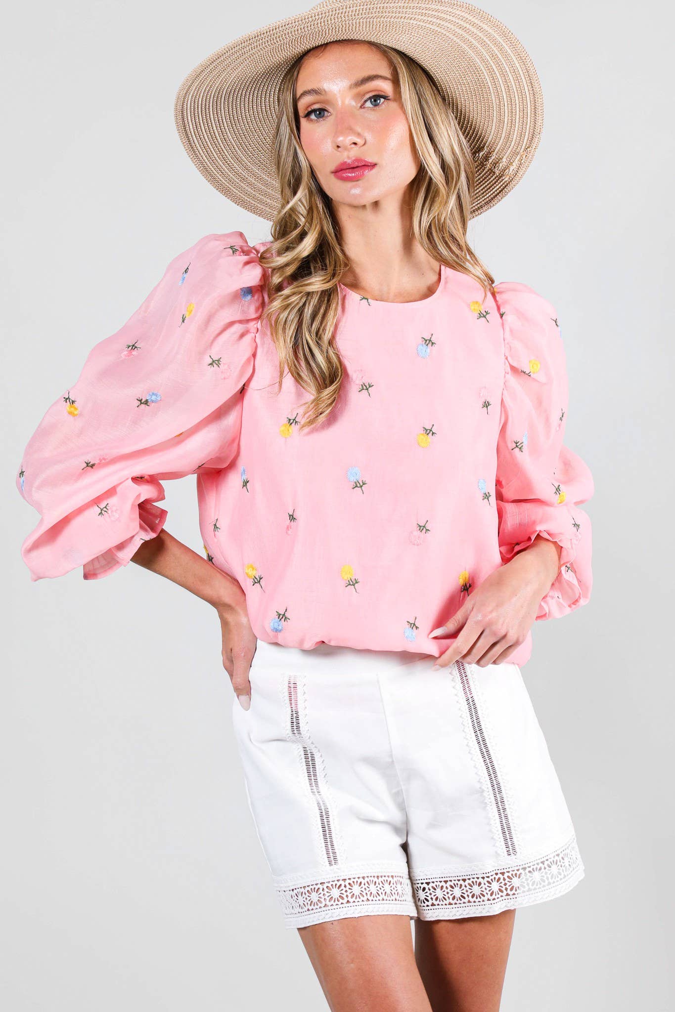 Vine & Love - Wholesale Blouse - Women's - Embroidered Long Puff Organza Blouse Top VT60375A18