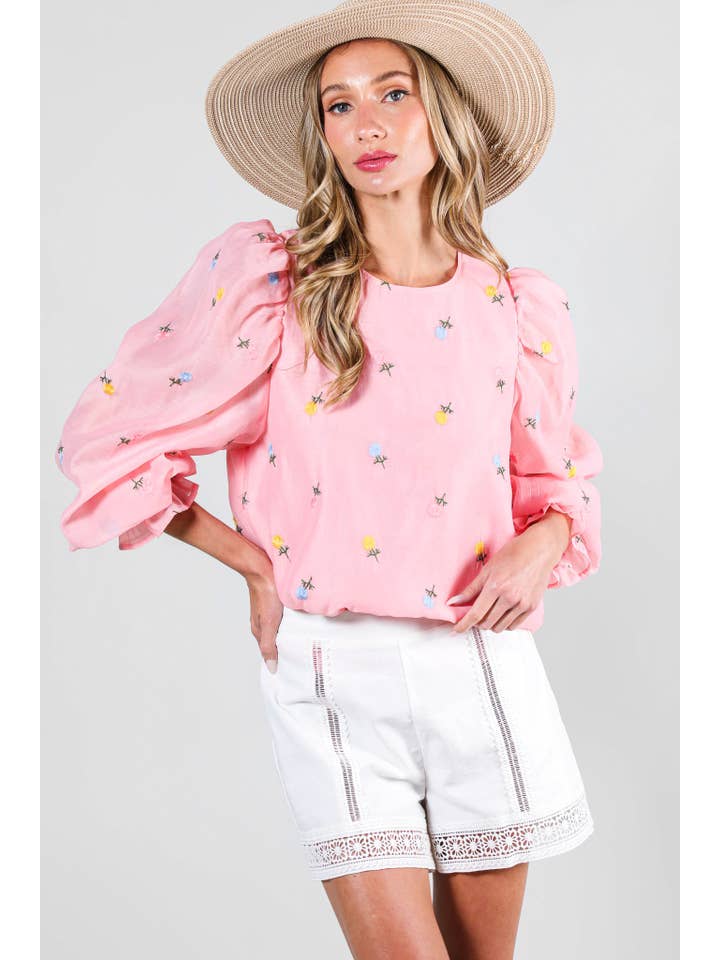 Vine & Love - Wholesale Blouse - Women's - Embroidered Long Puff Organza Blouse Top VT60375A18