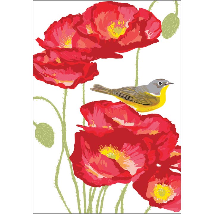 RBI-9134 Kunstdruck „Nashville Warbler Bird & Poppy Flowers“ für den Großhandel von Rigel Paper
