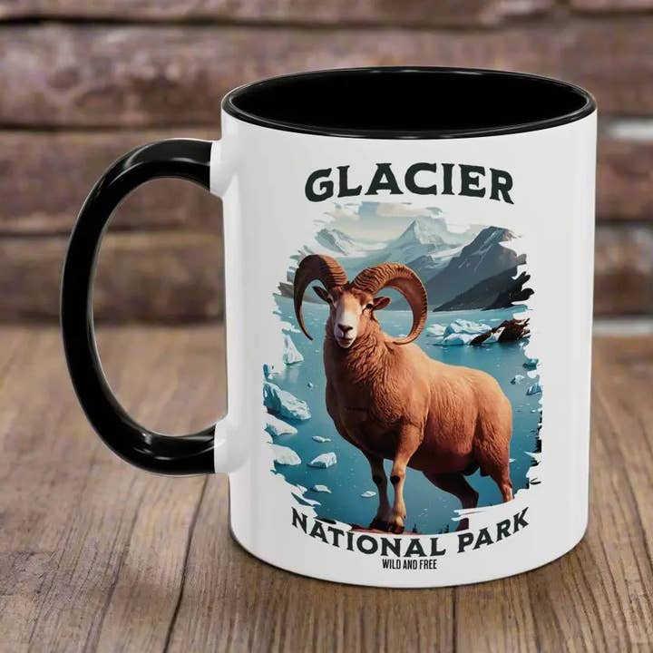 Glacier National Park Big Horned Sheep Accent Coffee Mug 11oz 15oz Blue Black Pink Red for wholesale by Park Service Apparel