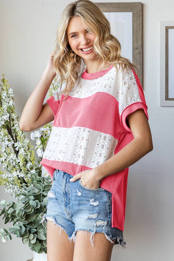 7th Ray - Vente Haut en maille – femme - Haut à manches courtes avec contraste en dentelle côtelée T586312