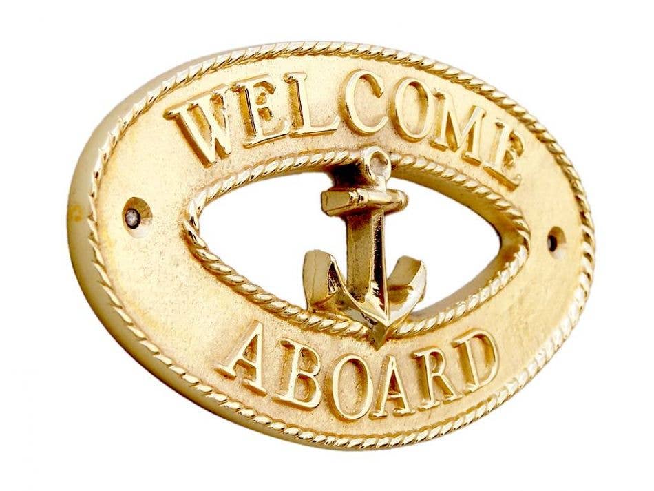 Hampton Nautical – wholesale Sign – Brass Welcome Aboard Oval Sign with Anchor 8"1