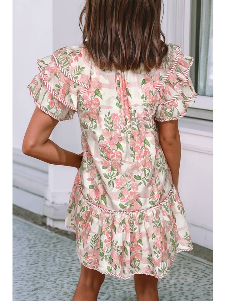Little Daisy Closet - Wholesale Dress - Women's - LDC Floral Contrast Edge Layered Short Sleeve Mini Dress