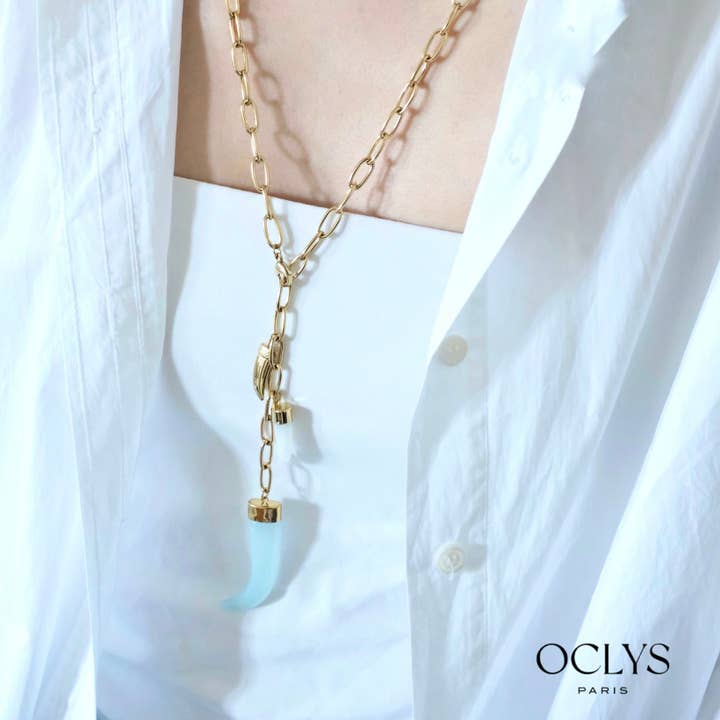 Collier sautoir corne acier inoxydable doré Ruanita pour la vente par Oclys