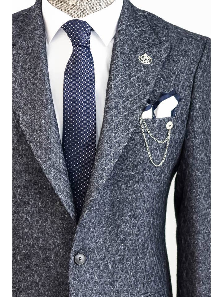 Wool Patterned Slim-Fit Navy Blue Men Blazer - Wessi for wholesale on Faire1