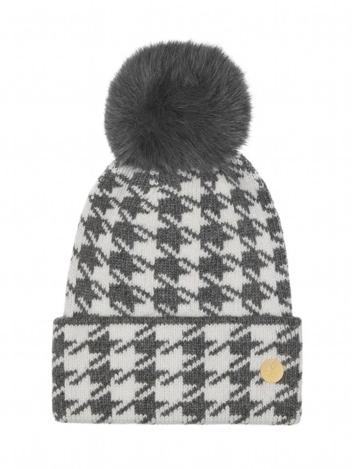 Bonnet à pompon en cachemire pied-de-poule - Gris pour la vente par Hortons England