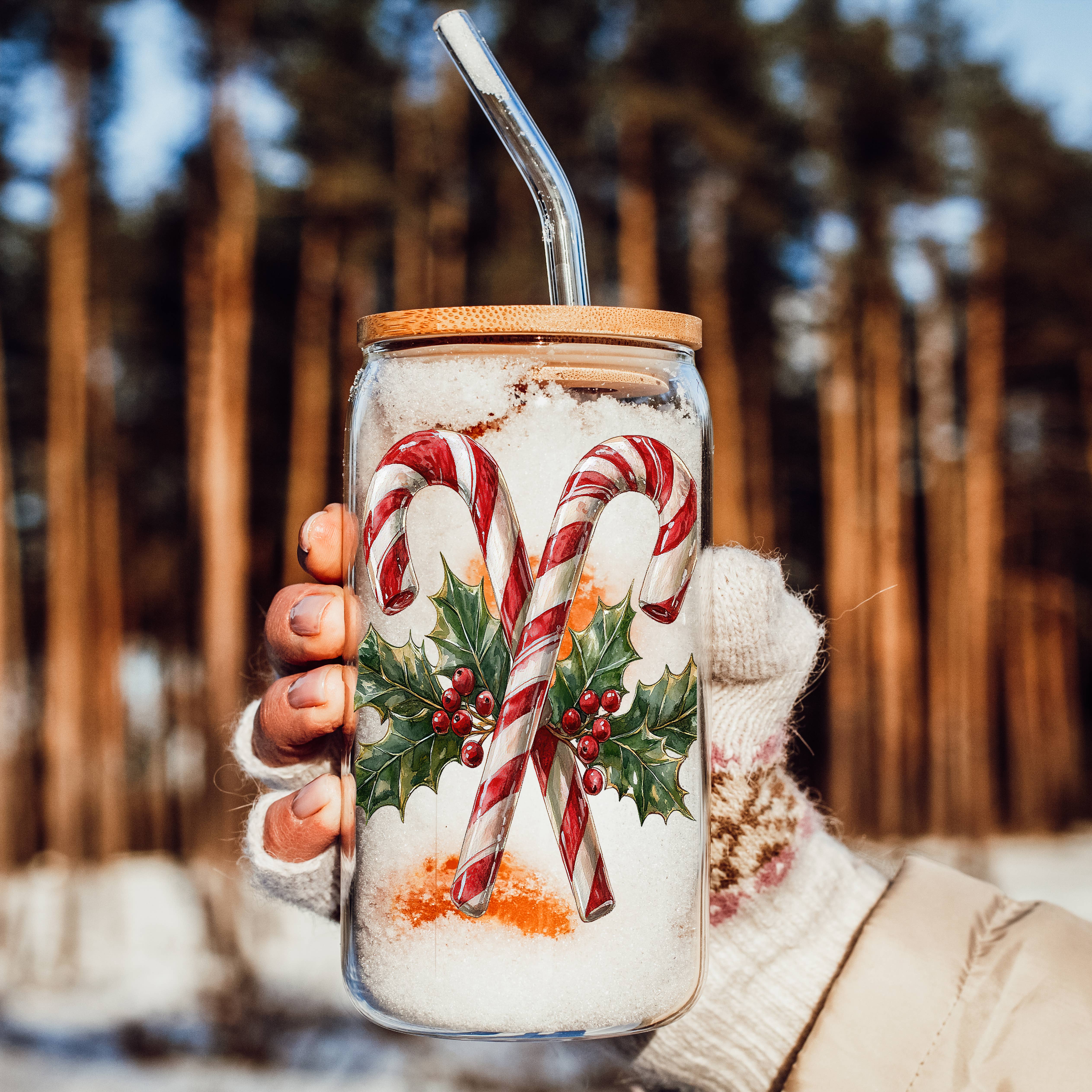 Gia Roma - Wholesale Drinking Glass/Cup - Candy Cane Christmas Can Glass. Cup With Glass Straw & Lid7