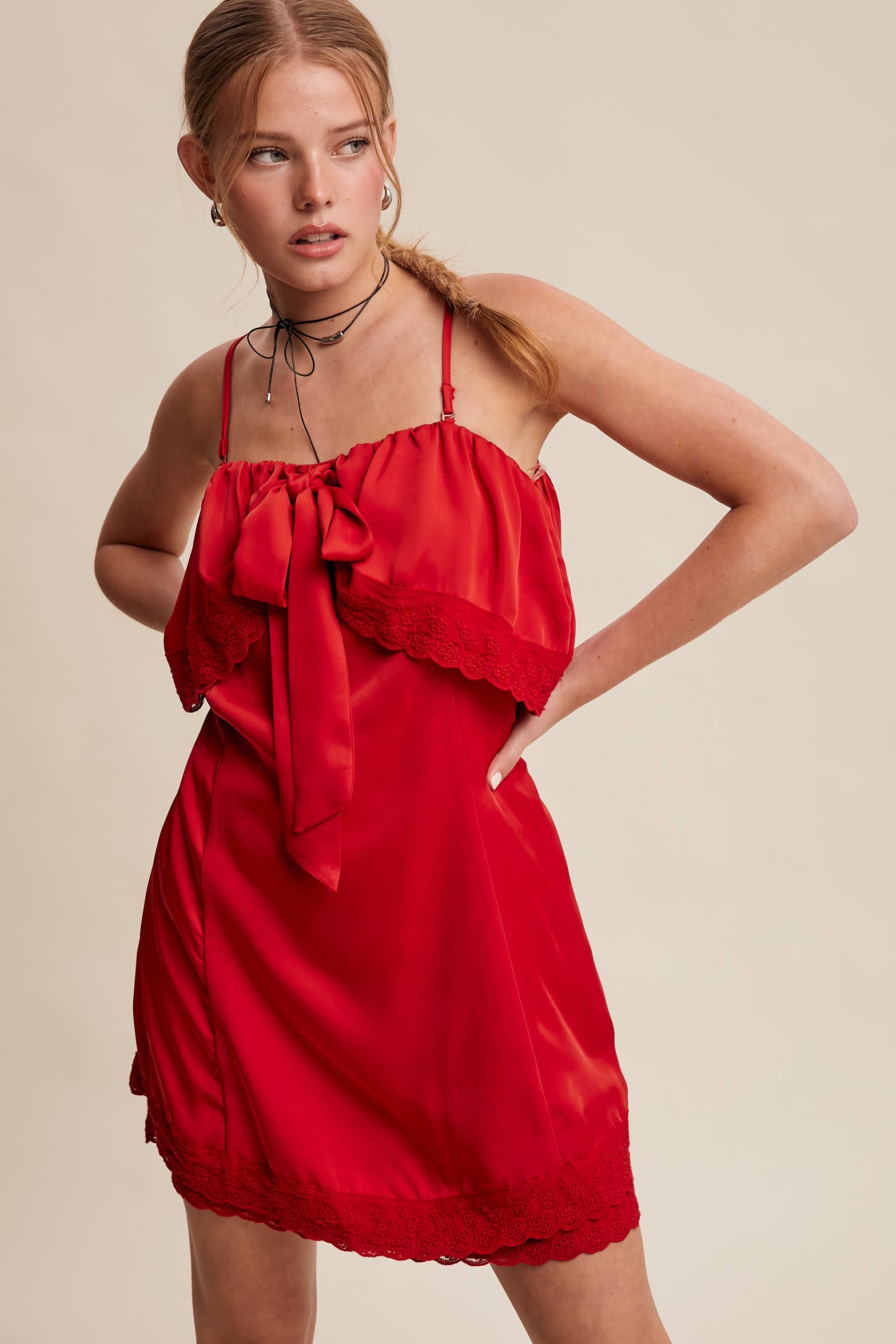 Listicle - Wholesale Dress - Women's - Bow Front Lace Trim Mini Dress LD106328