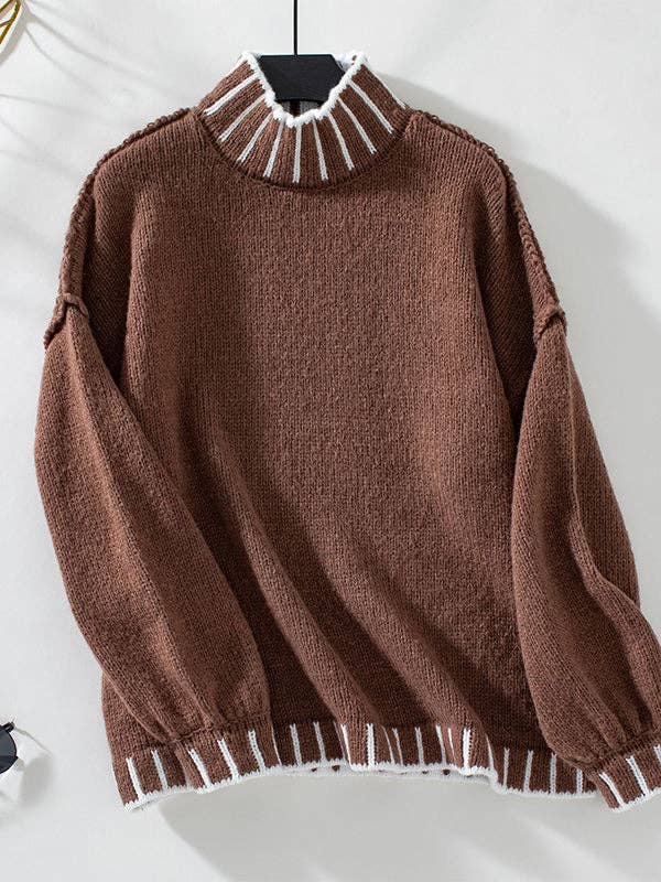 Sheer Trend – Engroshandel Pullover - Dame – Lange ærmer Løs kontrastfarve Split-joint Pullovere med høj hals Sweatertoppe2