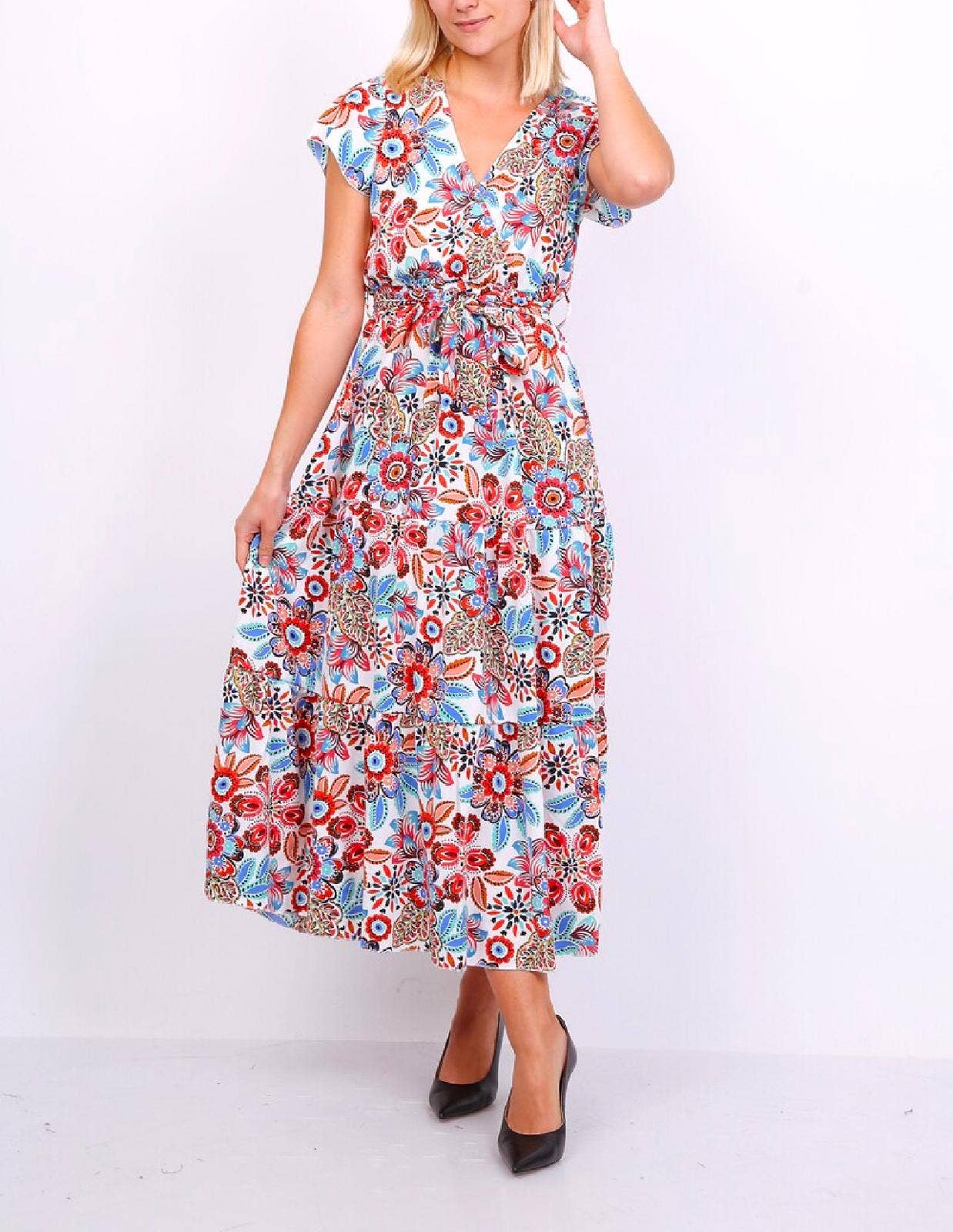 white 13658 Short Sleeve Printed Long Dresses for wholesale on Faire