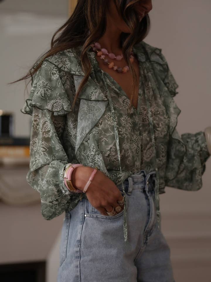 Green Floral Tie-Front Layered Chiffon Blouse for wholesale on Faire3
