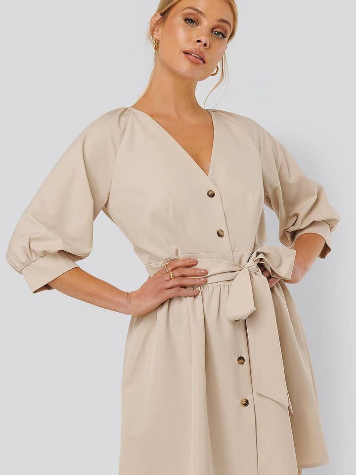 Beige Balloon Sleeve Belted Mini Dress for wholesale by STYLE INSTANT